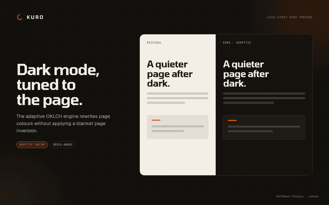 Kuro adaptive dark theme shown beside the original light page